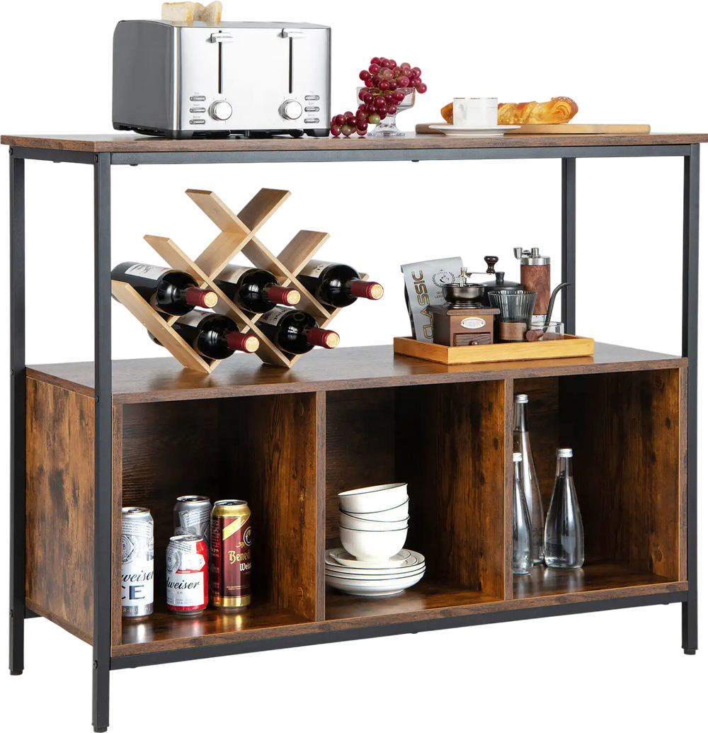 Modern kitchen buffet sideboard in rustic brown with three open compartments, perfect for dining and kitchen.