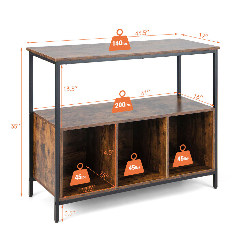 Modern kitchen buffet sideboard in rustic brown with 3 compartments and sturdy powder-coated steel frame for versatile.
