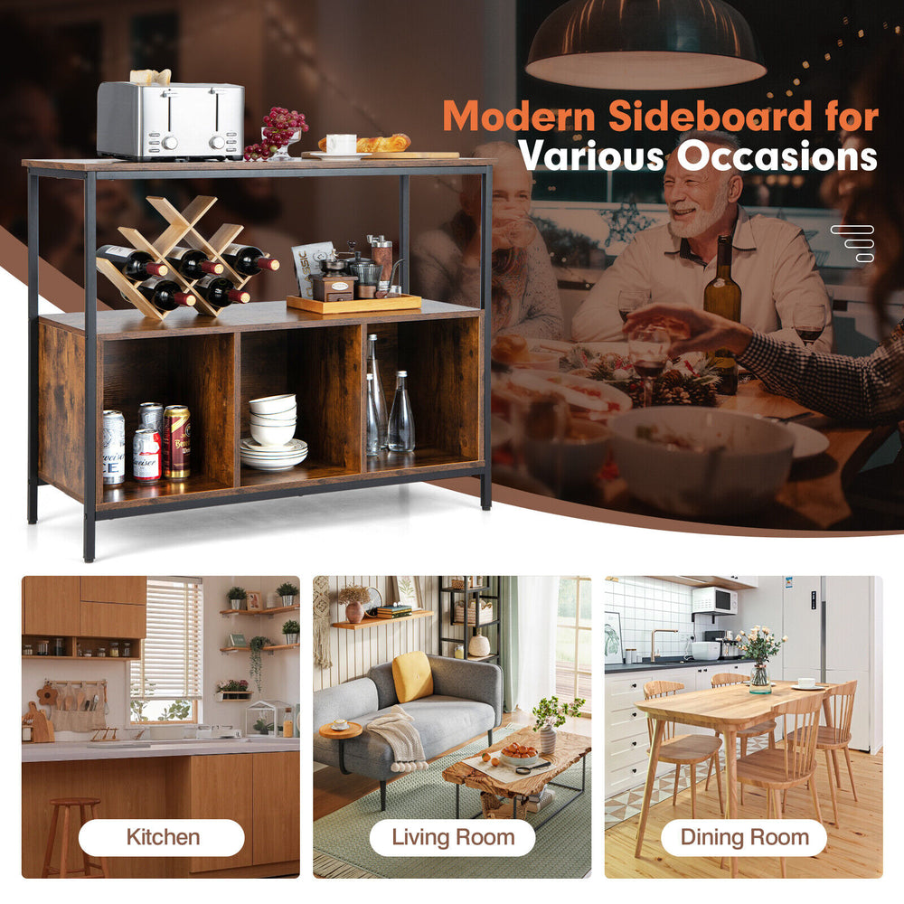 Modern kitchen buffet sideboard in rustic brown with three open compartments, perfect for dining room or kitchen use.