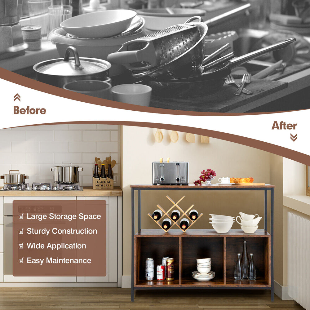 Modern kitchen buffet sideboard in rustic brown with 3 open compartments for ample storage and easy maintenance.