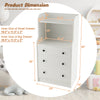 Modern white storage dresser with three drawers and open shelves, featuring anti-toppling device for stability.
