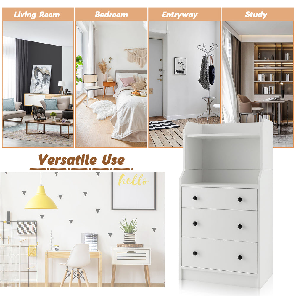 Modern storage dresser in white with three drawers and open shelves, ideal for living room, bedroom, or entryway use.