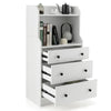 Modern white storage dresser featuring three drawers and open shelves, ideal for living room or bedroom organization.