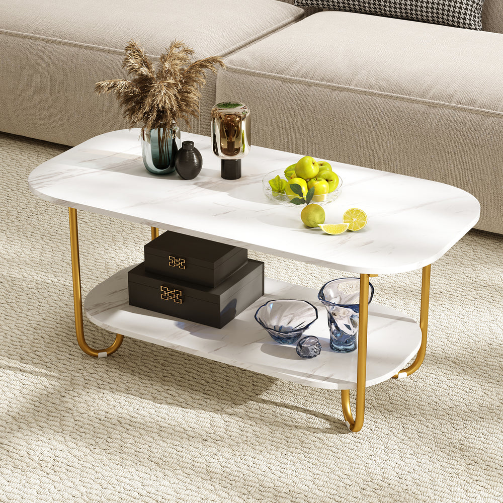 Modern 2-tier coffee table with faux marble top and gold metal frame, perfect for stylish living room decor.