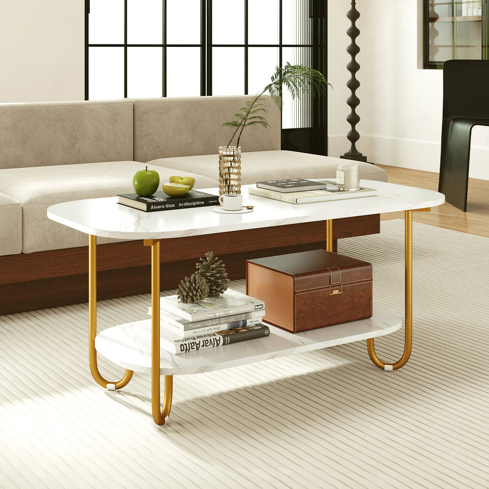 Modern 2-tier coffee table with white faux marble top and gold metal frame, perfect for stylish living room decor.