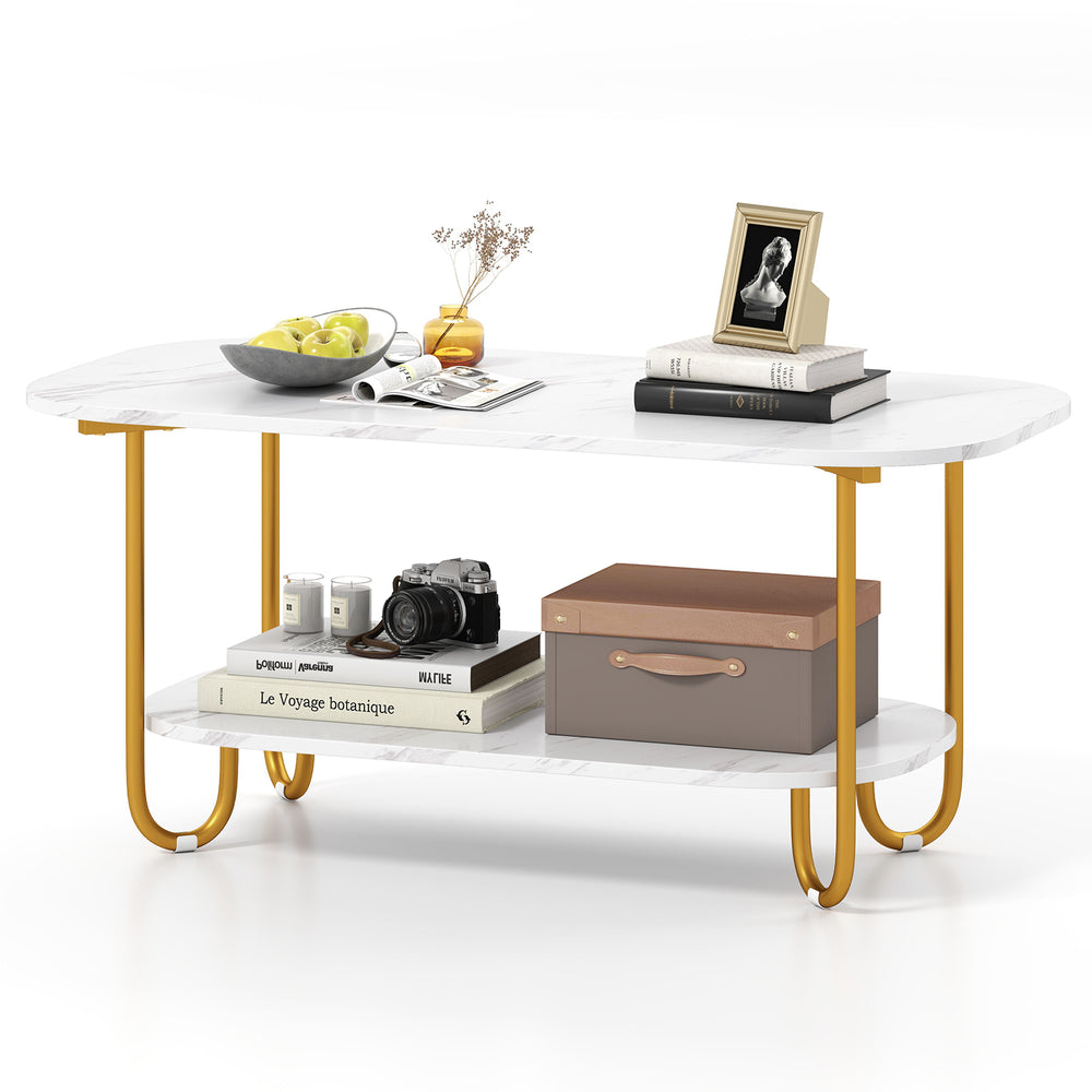Modern 2-tier coffee table with faux marble top and gold metal frame, perfect for stylish living room storage.