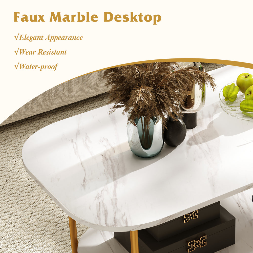 Modern 2-tier coffee table with a white faux marble top, featuring a sturdy metal frame and elegant design for.