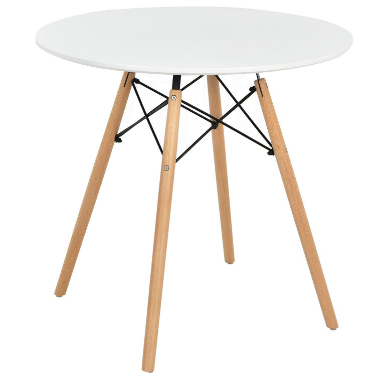 Round dining table with solid beech wood legs and a smooth MDF top, perfect for small spaces and versatile use.