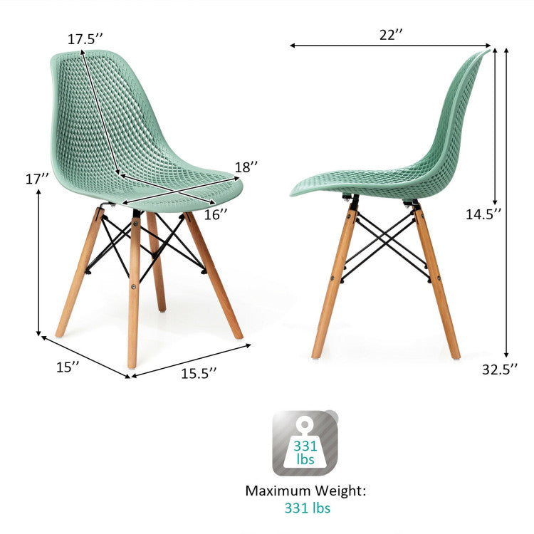 Hollow plastic dining chair with beech wood legs, measuring 32.5" high, ideal for small spaces and modern decor.