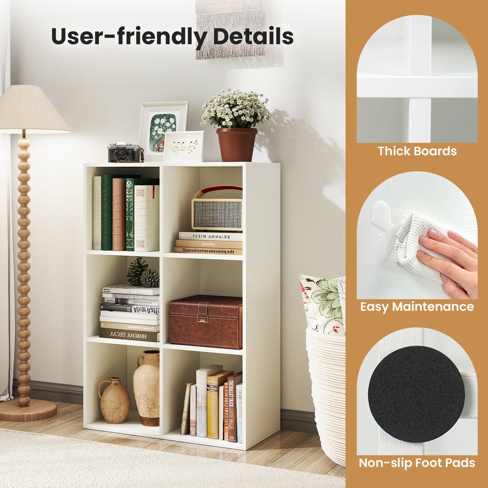 Modern 6-cube bookcase in white with thick boards, non-slip foot pads, and anti-tipping kits for safe storage.