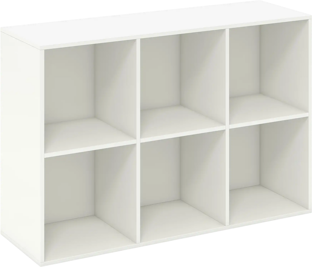 Modern white 6-cube bookcase with anti-tipping kits, ideal for organizing decor in living rooms or bedrooms.