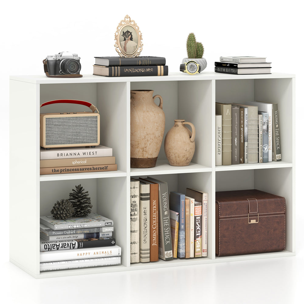 Modern 6-cube bookcase in white, showcasing organized storage for books, decor, and plants, ideal for living rooms and.