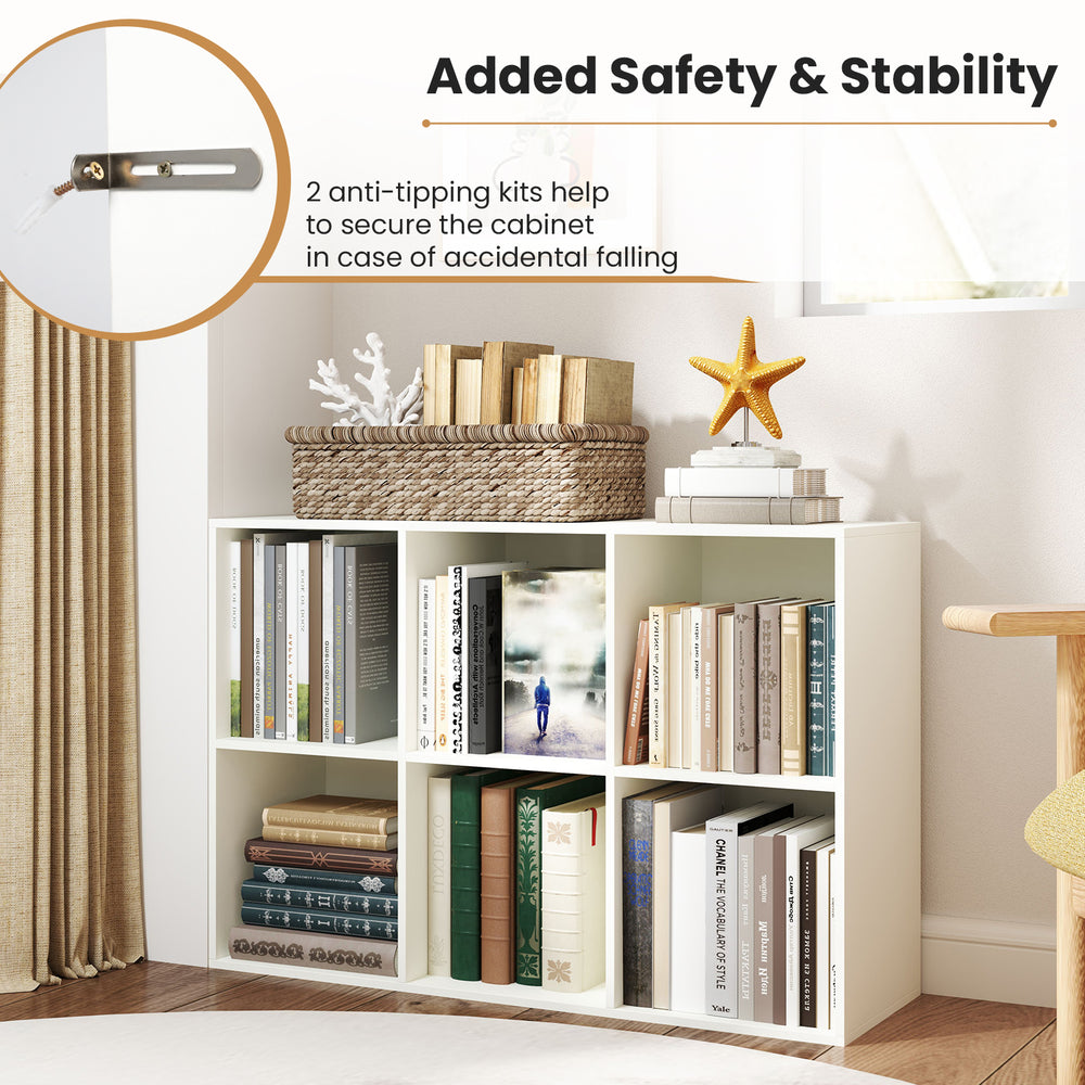 Modern 6-cube bookcase in white with anti-tipping kits, perfect for organizing decor in living rooms or bedrooms.
