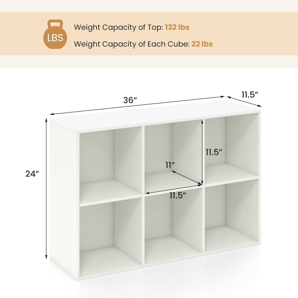 Modern 6-cube bookcase in white with dimensions 36"x24", ideal for organizing decor in living rooms or bedrooms.