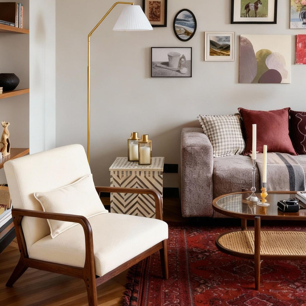 Beige modern accent chair with rubber wood frame and lumbar pillow, perfect for reading and relaxing in stylish.