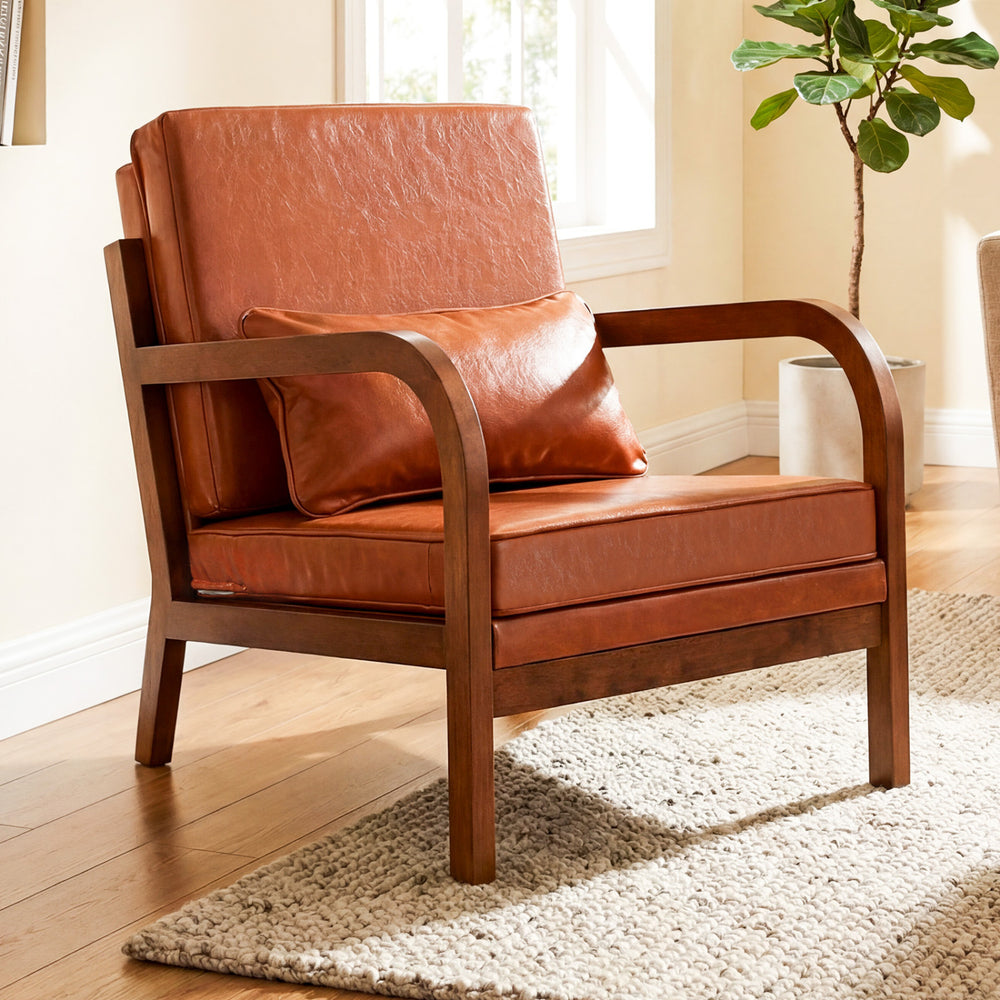 Modern Accent Chair Faux Leather Linen Fabric Upholstered Armchair-Brown - Gallery View 1 of 9