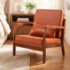 Modern accent chair in brown faux leather with removable cushions, perfect for living rooms or reading spaces.