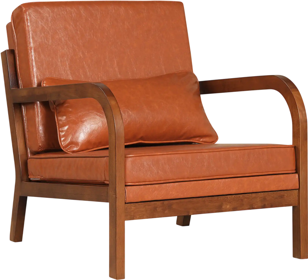 Modern accent chair in brown faux leather with removable cushions, ideal for living rooms and home offices.