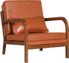Modern accent chair in brown faux leather with removable cushions, ideal for living rooms and home offices.