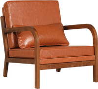 Modern accent chair in brown faux leather with removable cushions, ideal for living rooms and home offices.