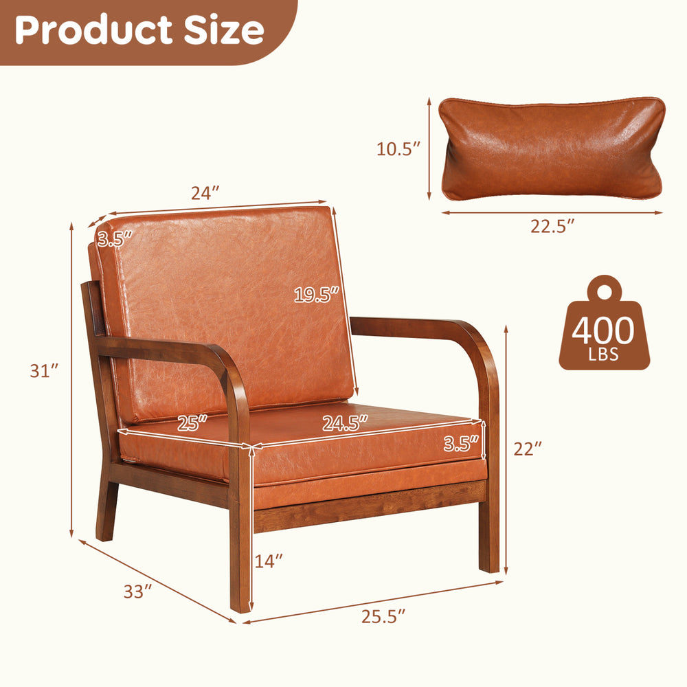 Modern accent chair with faux leather upholstery, removable cushions, and sturdy rubber wood frame, ideal for living.