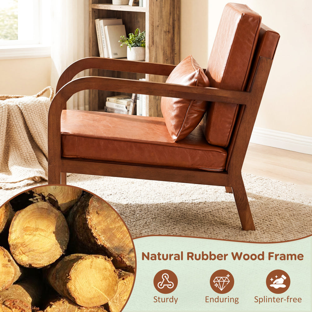 Modern accent chair with a sturdy natural rubber wood frame and brown faux leather upholstery, ideal for cozy living.