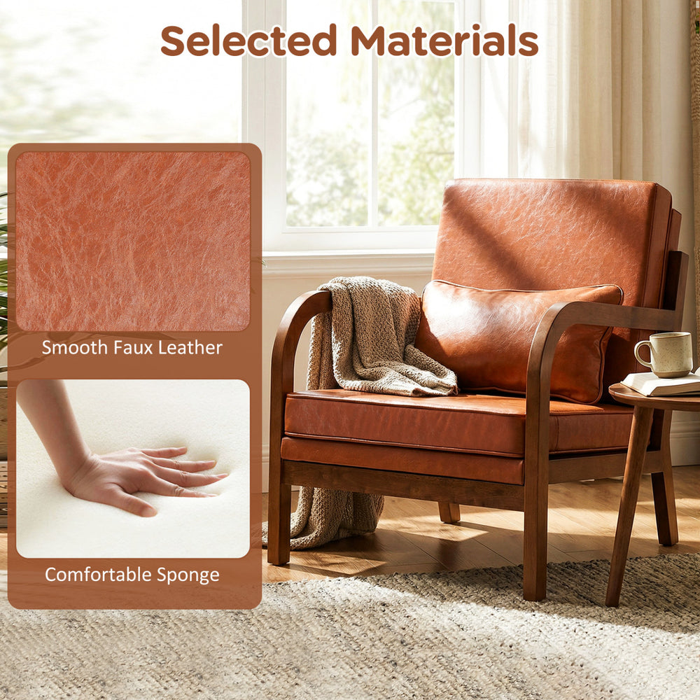 Close-up of the Modern Accent Chair in brown faux leather, featuring a comfortable sponge seat and removable cushions.