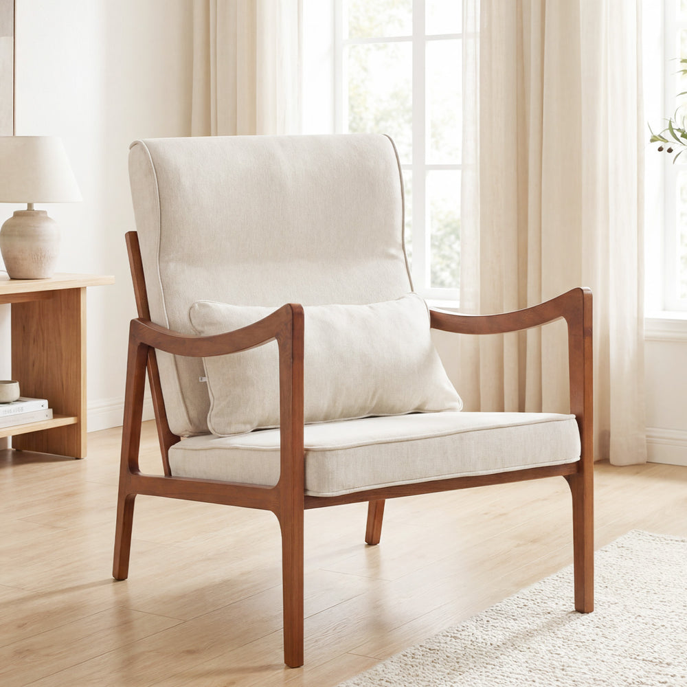 Modern Accent Chair with Solid Rubber Wood Faux Leather Upholstered Armchair-White - Gallery View 1 of 9