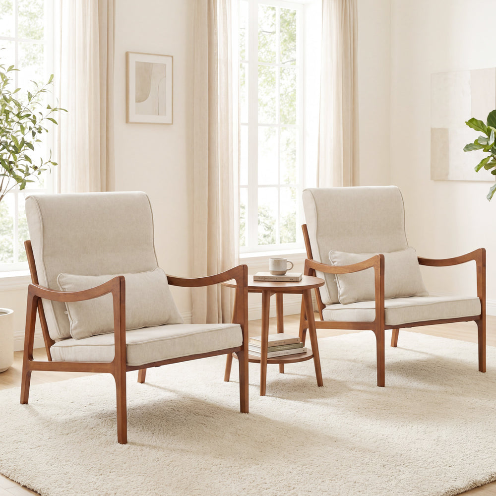 Modern accent chairs with solid rubber wood frames and faux leather upholstery, perfect for living rooms or reading.