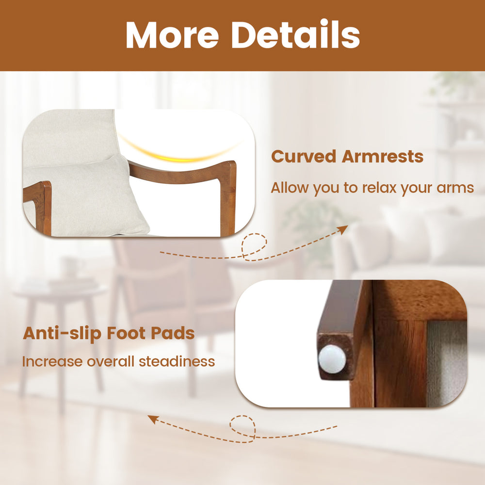 Curved armrests and anti-slip foot pads enhance comfort and stability in this modern rubber wood accent chair.