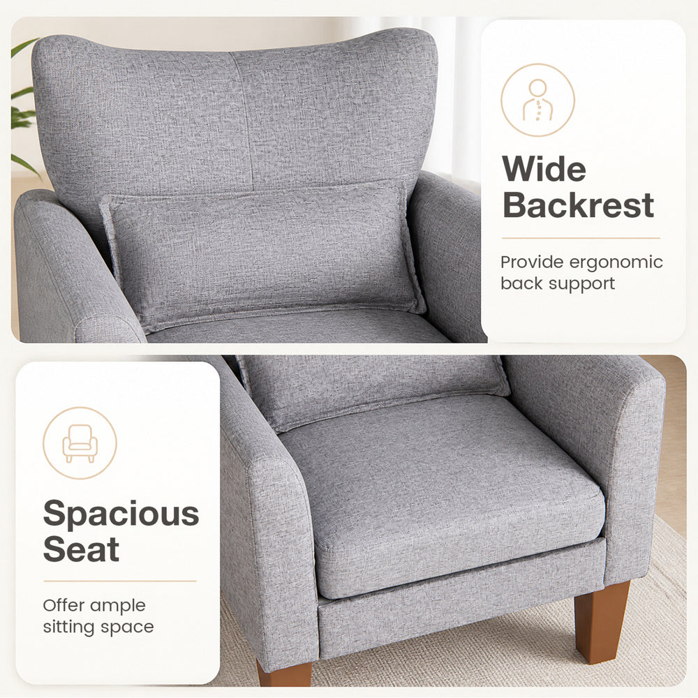 Modern accent chair in gray featuring a spacious seat and wide backrest, perfect for ergonomic comfort in any living space.