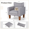 Modern accent chair in gray with dimensions shown, featuring a removable cushion and sturdy legs for versatile seating.