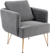 Modern gray accent chair with golden metal legs, padded back cushion, and ergonomic design for comfortable seating.