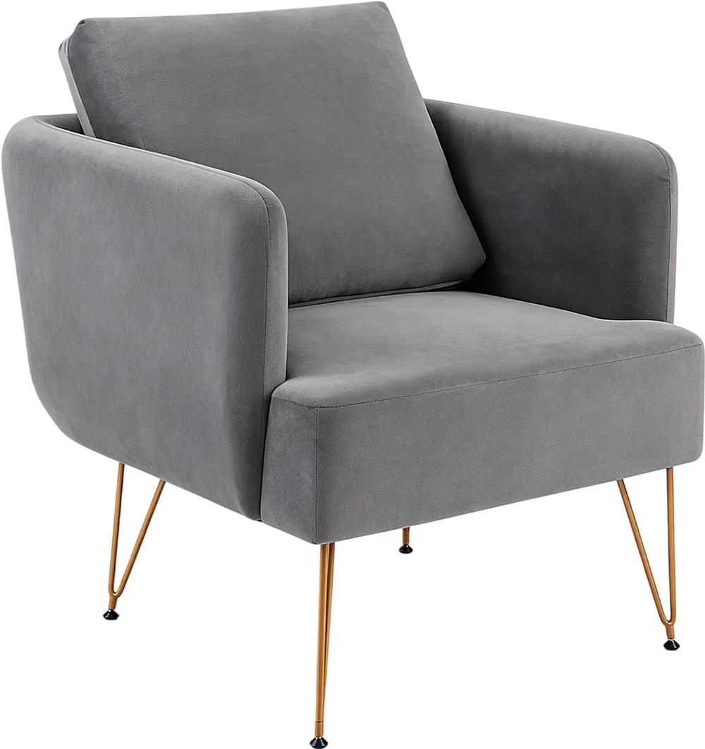 Modern gray accent chair with golden metal legs, padded back cushion, and ergonomic design for comfortable seating.