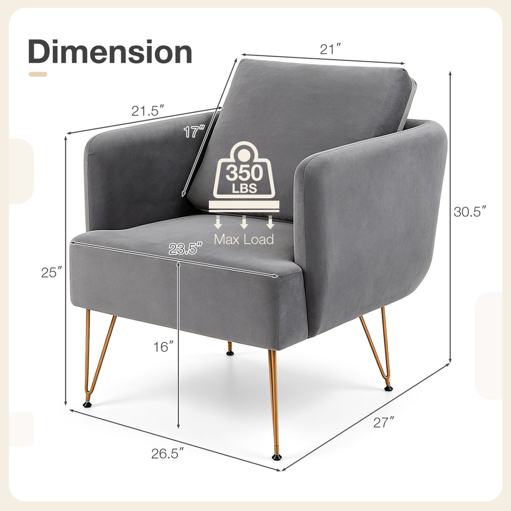 Modern gray accent chair with golden metal legs, thick back cushion, and ergonomic design for comfortable seating.