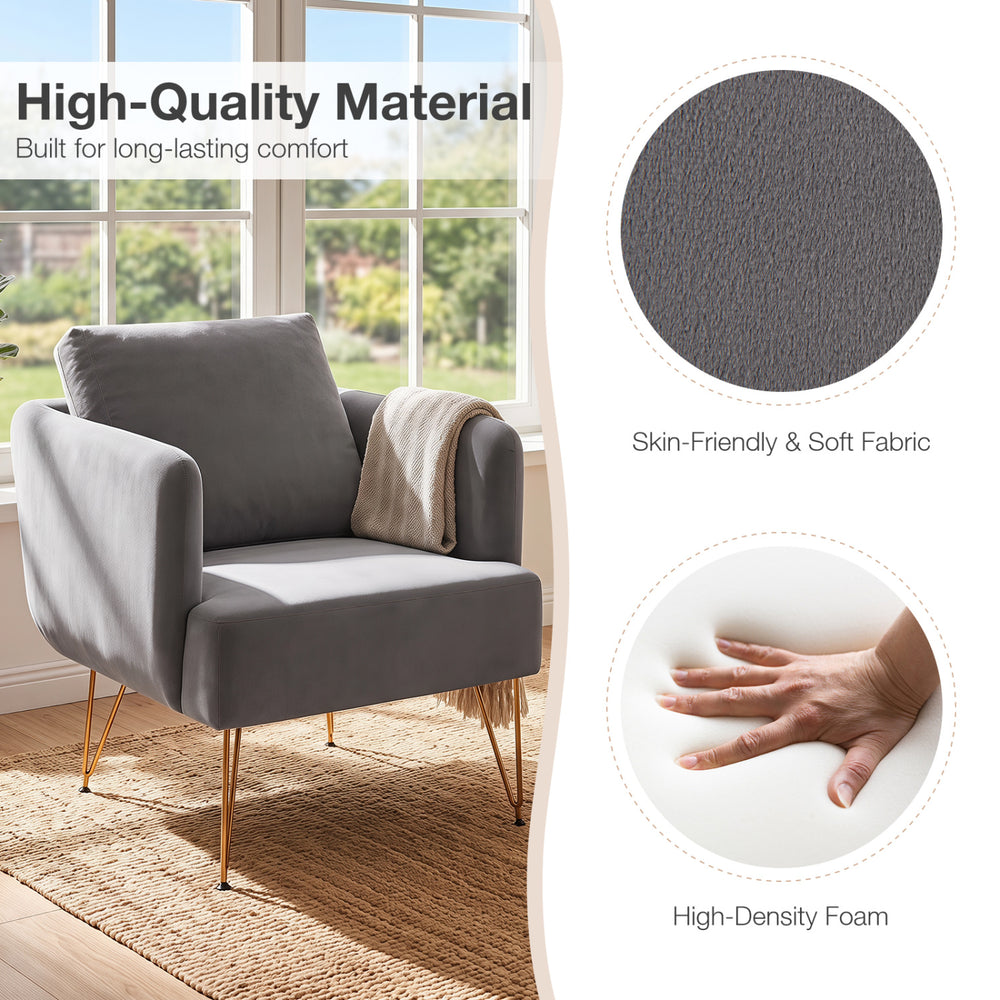Modern gray accent chair with golden metal legs, featuring a soft velvet fabric and thick back cushion for comfort.