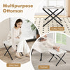 Multipurpose ottoman in beige with a sherpa cover, serving as a coffee table, extra seat, or footrest for versatile use.