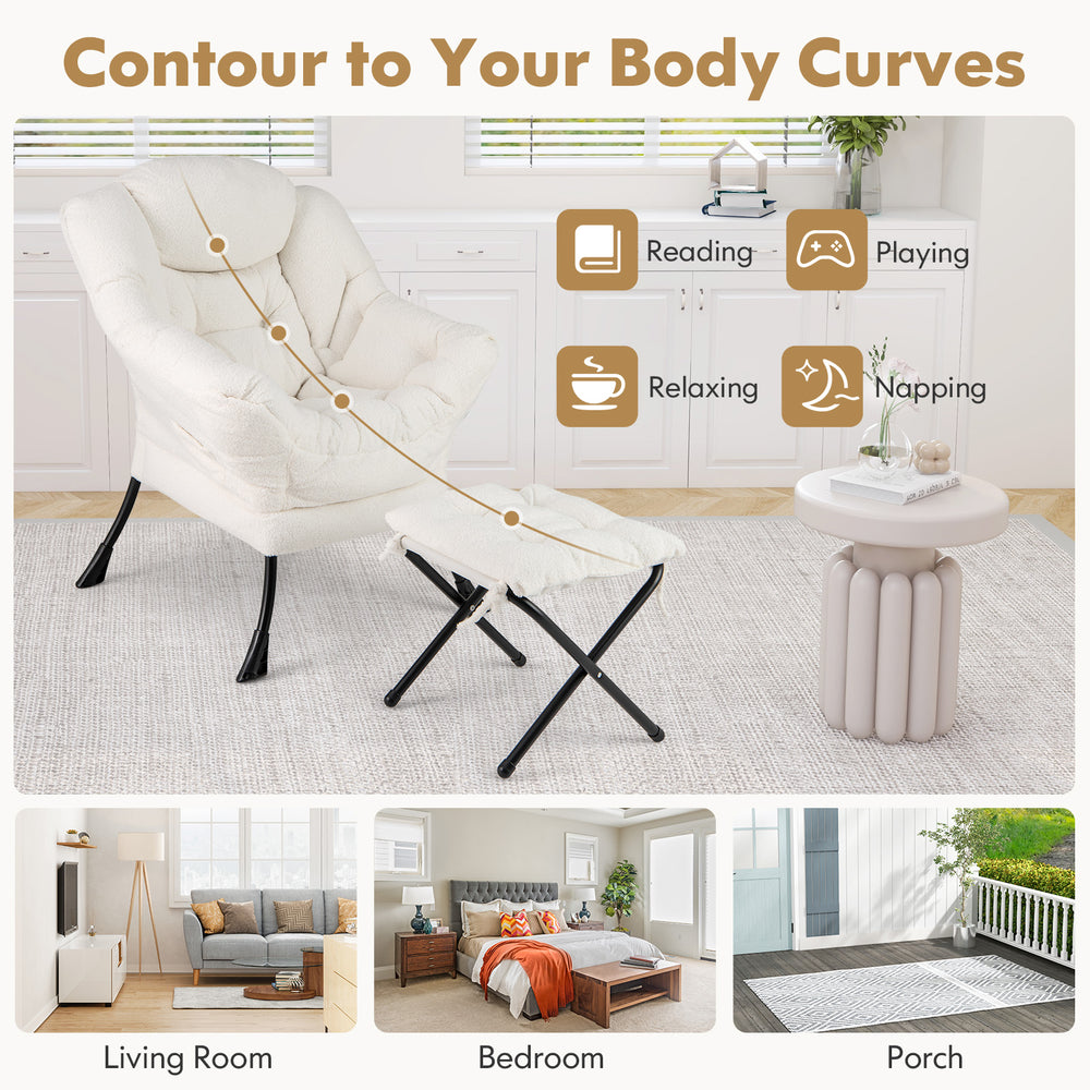 Beige modern accent chair with folding footrest, ergonomic design, and soft head pillow for ultimate comfort in any.