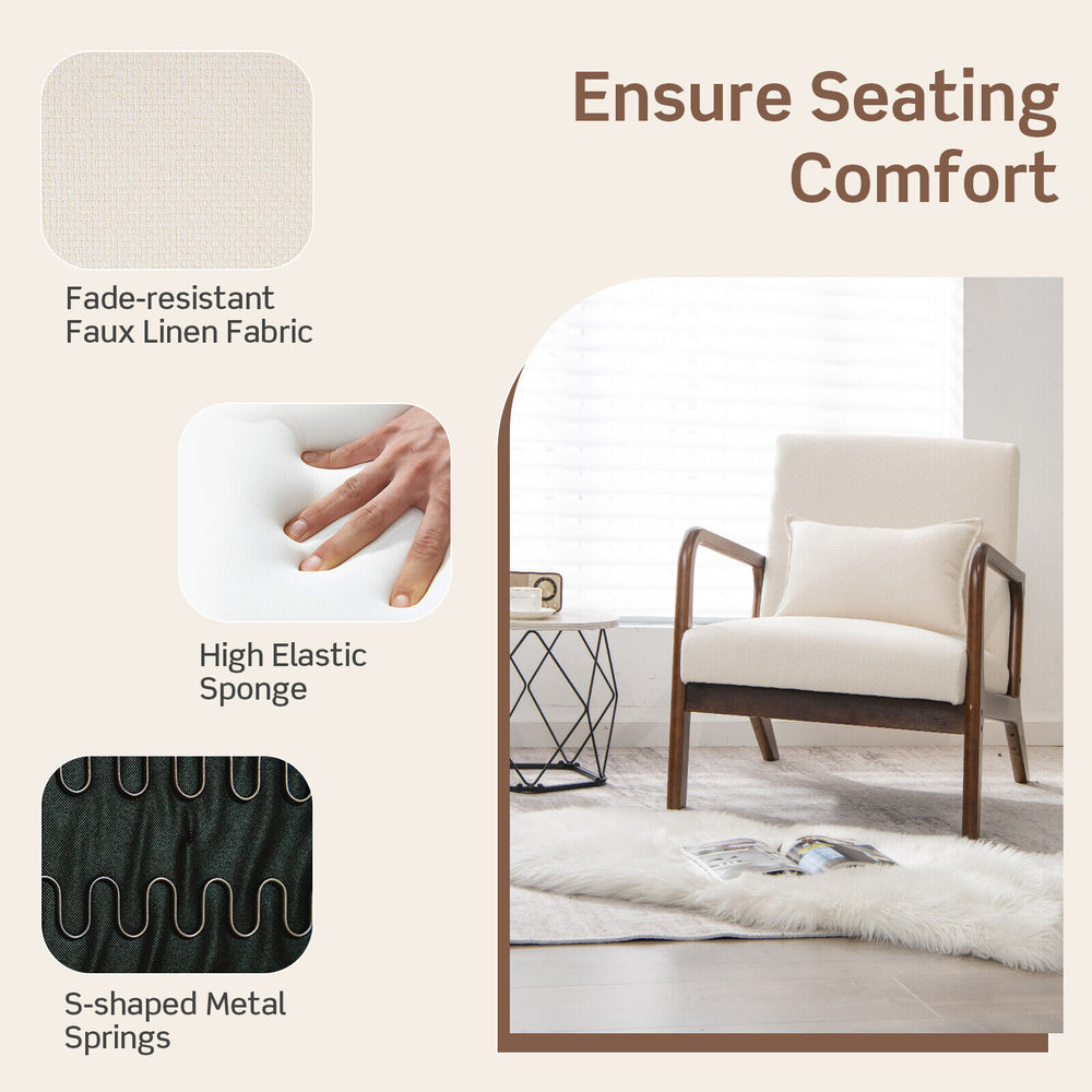 Modern accent chair in beige with rubber wood frame, featuring a lumbar pillow and soft sponge padding for comfort.