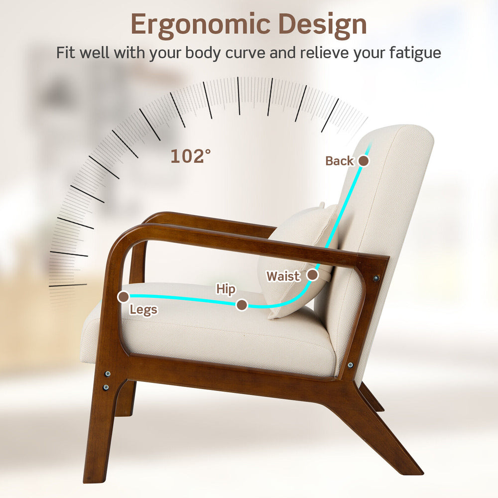 Modern accent chair with rubber wood frame, 102° backrest tilt, and lumbar pillow for ultimate comfort and support.