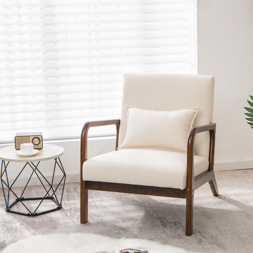 Modern Accent Chair with Rubber Wood Frame and Lumbar Pillow-Beige - Gallery View 1 of 9
