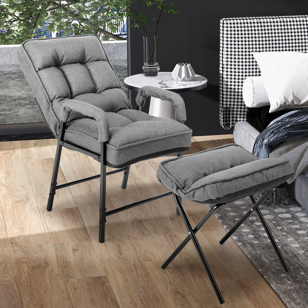 Linen Fabric Modern Accent Chair with Ottoman and Adjustable Backrest-Gray - Gallery View 1 of 10