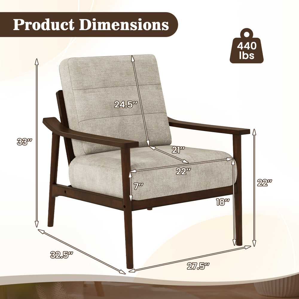 Modern accent chair dimensions showing a rubber wood frame, large seat, and ergonomic armrests for living room comfort.