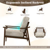 Modern accent chair with rubber wood armrests, ergonomic inclined backrest for spine protection and comfort in living.