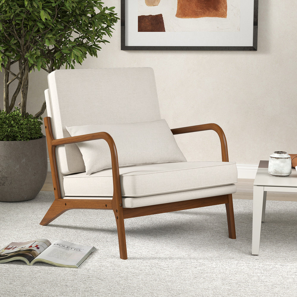 Modern Accent Chair with Rubber Wood Armrests and Removable Back-Beige - Gallery View 1 of 9