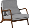 Modern accent chair with gray sponge padded seat, rubber wood armrests, and lumbar pillow for living room comfort.