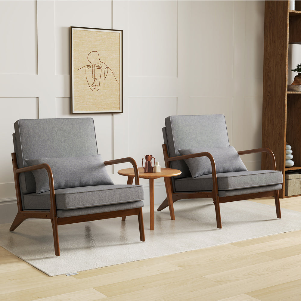 Modern accent chairs with rubber wood armrests and gray cushions, ideal for living rooms or reading spaces.
