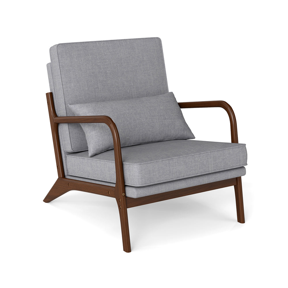 Modern accent chair with gray sponge padded seat, rubber wood armrests, and lumbar pillow for comfort in any room.