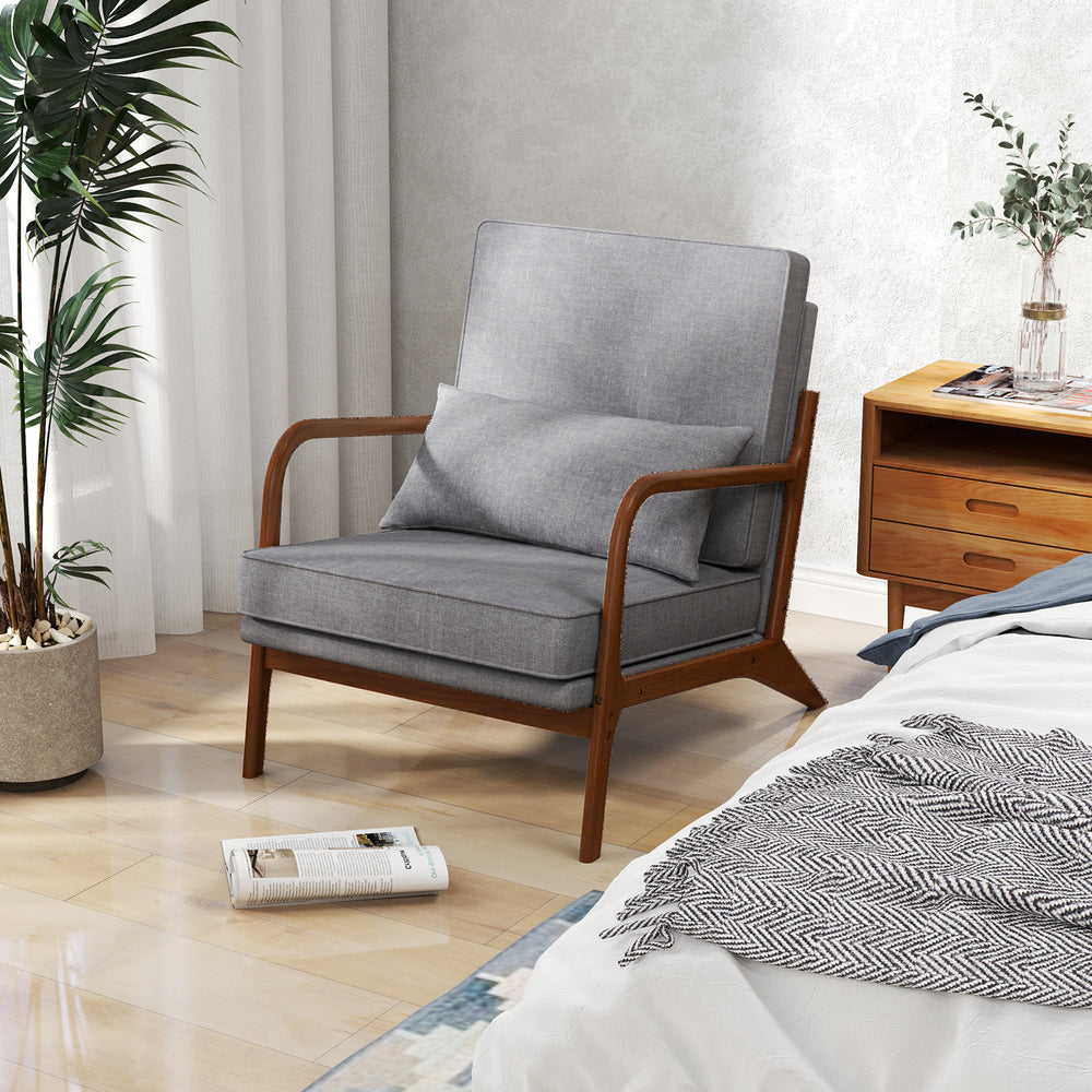 Modern accent chair with rubber wood armrests and gray upholstery, featuring a removable back cushion for comfort and.
