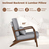 Side view of the modern accent chair with rubber wood armrests, featuring an inclined backrest and lumbar pillow for.